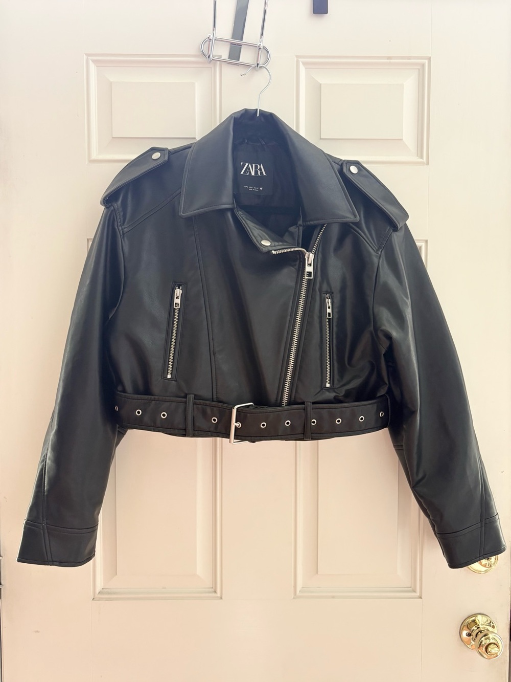 Zara Black Faux Leather Cropped Biker Jacket
